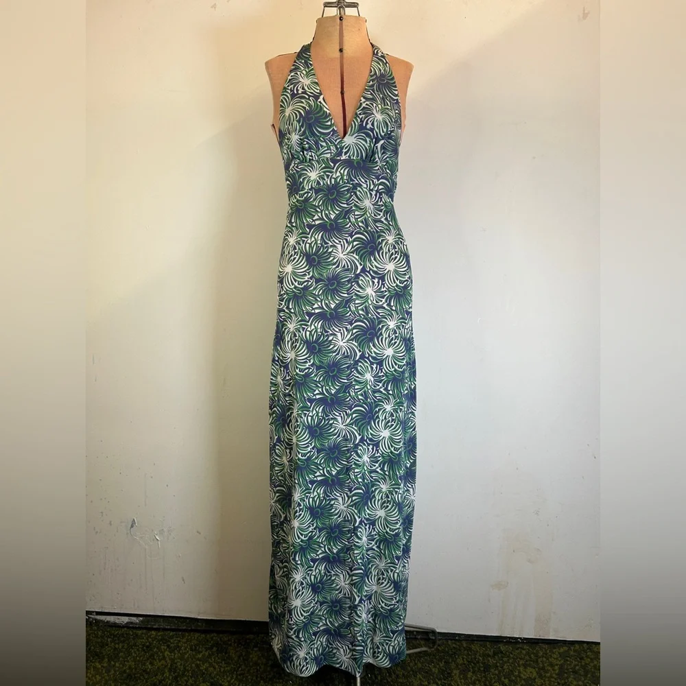 Vintage 1970s Halter Maxi Dress Blue Green White Size XS - Picture 2 of 12